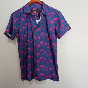 Retro Rifle Rising Palm Mens Small Blue Pink Gun Palm Tree Button Down Shirt‎